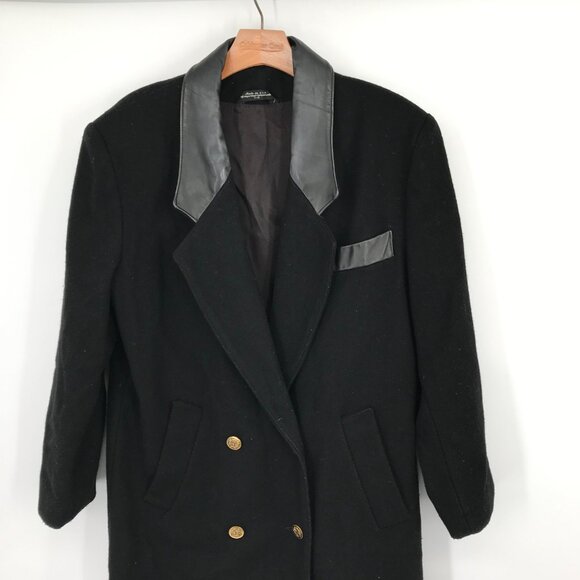 ADA Vintage Black Double-Breasted Wool Coat Leather Lapels & Gold crest Buttons - Picture 3 of 5